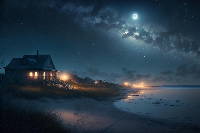 Free starry sky seaside lodge illustration