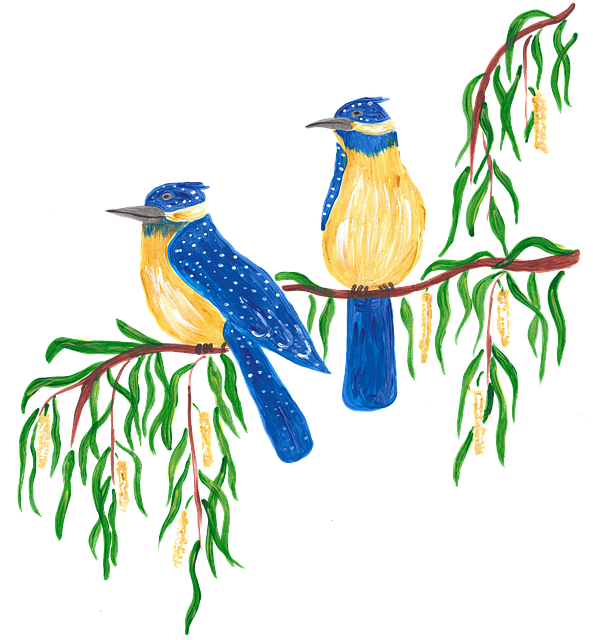 Free birds kingfishers willow tree illustration