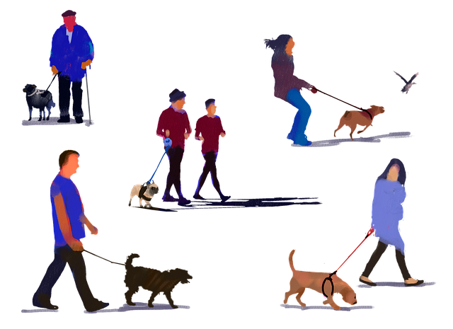 Menschen, Hunde, Natur, Gehen, Aquarell