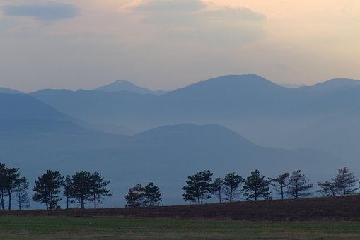 Solnedgang, Fjell, Trær, Skyer, Landskap
