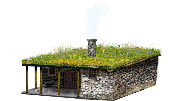 Kabine, Hütte, Grasdach, Steinhaus