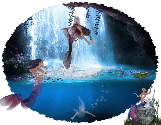 Free mermaids underwater waterfall illustration