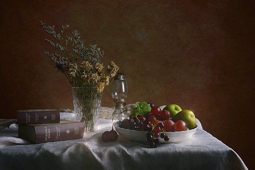 Frutas, Mesa, Flor, Libros, Clásico