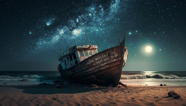 Free ai-generated beach old boat illustration