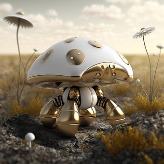 Robot, Champiñones, Suelo, Futuro, Oro