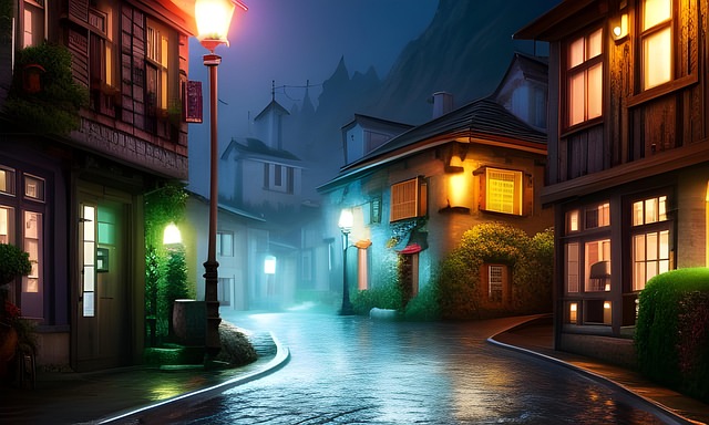 Free village street lamplight illustration