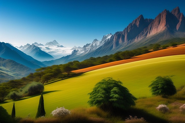 Berge, Bäume, Feld, Natur, Landschaft