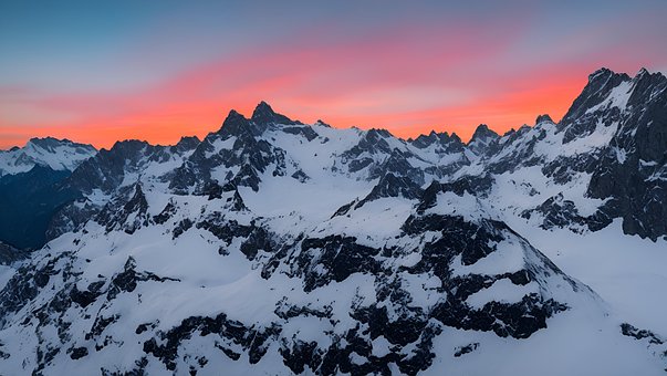 Solnedgang, Bjerge, Alperne, Sne Bjerge