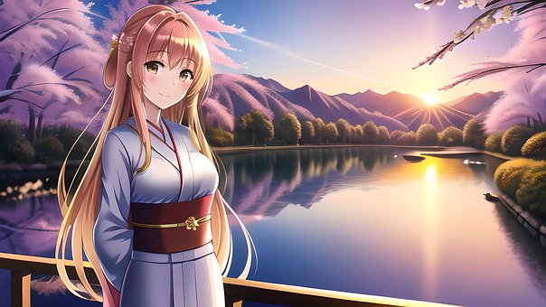 Mädchen, Kimono, Kirschblüte, Landschaft