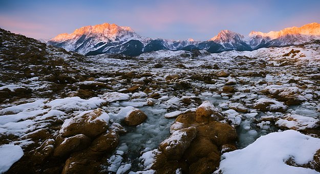 Bjerg, Gletscher, Flod, Klipper, Sne