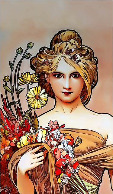 Free woman flowers art deco illustration