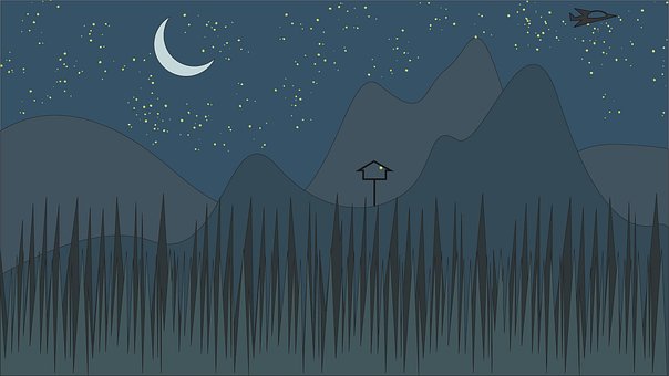Montañas, Árboles, Luna, Noche, Patrón