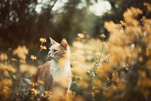 Gato, Campo, Flores, Bicho De Estimação
