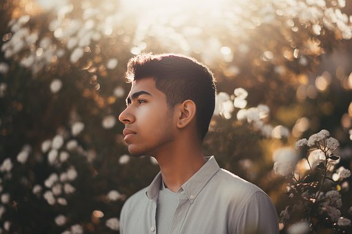 Homem, Adolescente, Flores, Jardim