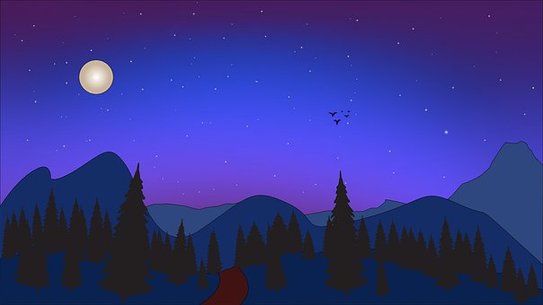 Montañas, Árboles, Bosque, Luna, Noche
