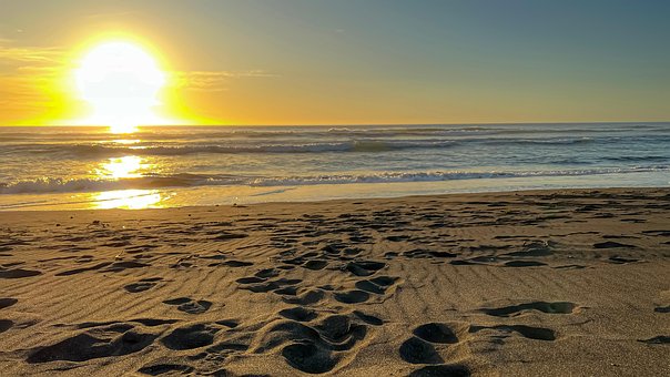Strand, Sol, Landskab, Solnedgang, Sand