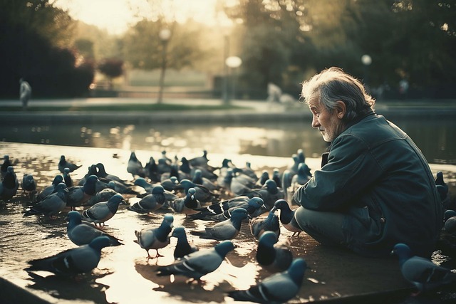 Free ai generated man pigeons illustration