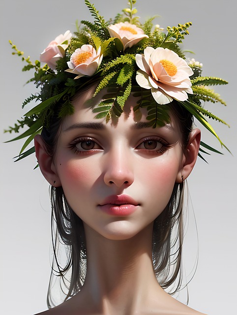 Ai产生的, 女孩, 花朵, 精灵, 王冠, 人, 脸, 3D
