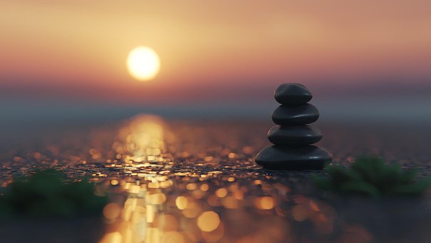 Solnedgang, Sten, Natur, Hav, Meditation