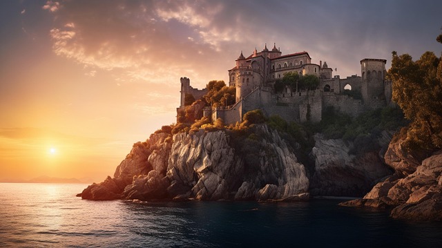 Free castle sunset ocean illustration