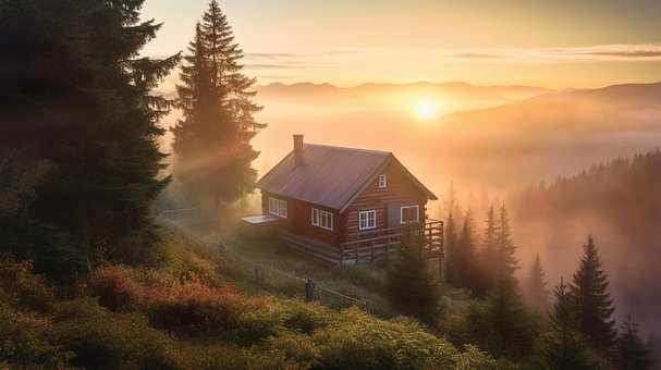 Free Log Cabin Sunset illustration and picture