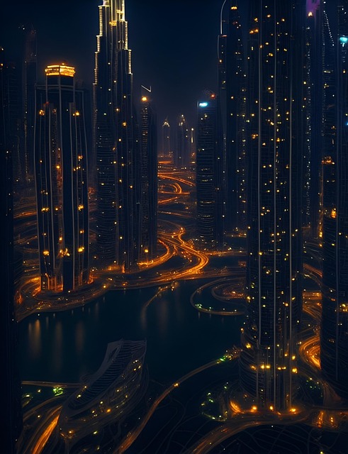 Free night lights cityscape at night glowing buildings illustration