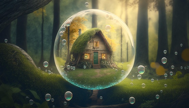 Free ai generated forest house soap bubble illustration