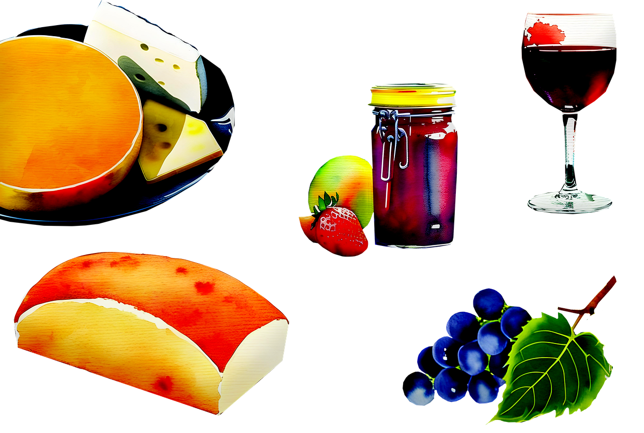 Waterverf, Eten, Kaas, Fruit, Brood, Jam