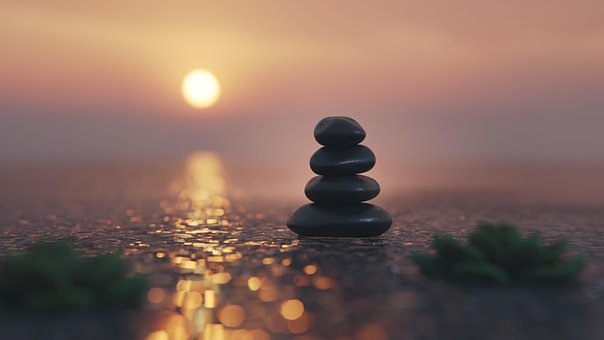 Solnedgang, Sten, Hav, Meditation