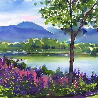 Ai Gerado, Flores, Árvore, Lago