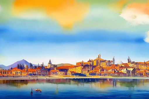 Ai Gerado, Cidade, Lago, Rio, Aquarela