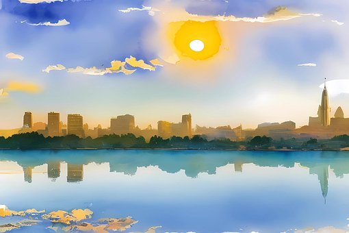 Ai Gerado, Lago, Cidade, Aquarela