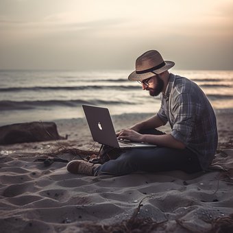 Arbejde, Computer, Strand, Ocean, Rejse