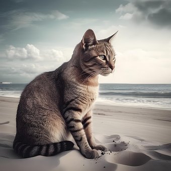 Kat, Strand, Hav, Himmel, Hvile, Sand