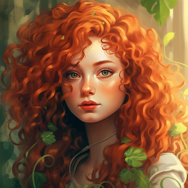 Free red head girl four leaf clover illustration