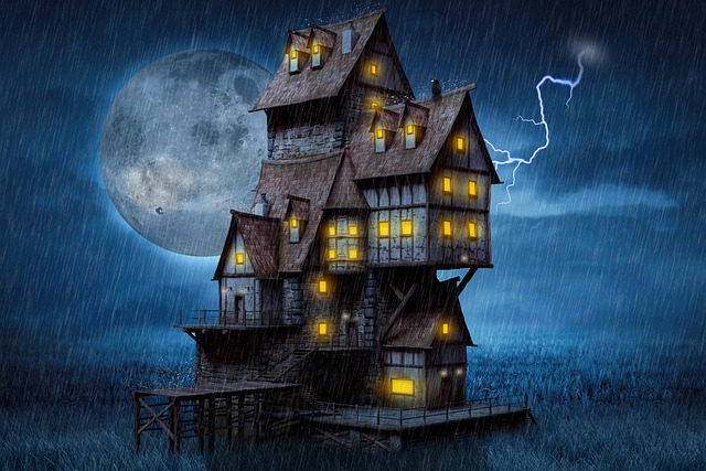 Download free HD stock image of Haunted House Storm Free haunted house storm lightning illustration