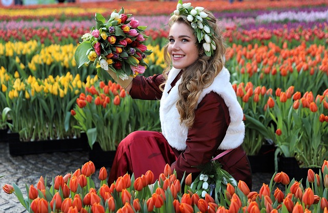 woman, tulips, bloom, blossom, nature, beauty, spring, amsterdam