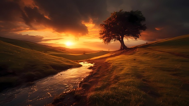 Free sunset river tree illustration