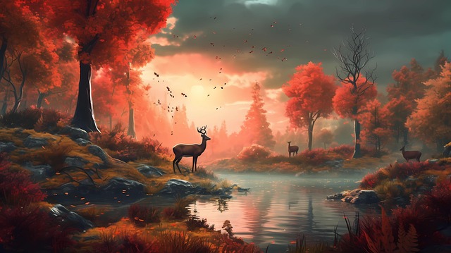 Sonnenuntergang, Fluss, Baum, Grün, Gras