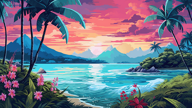 Free ai generated tropical island sunset illustration