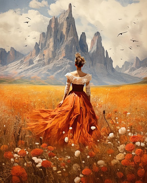 Free woman red dress mountain illustration