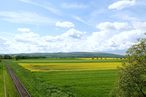 Ferrocarril, Nubes, Árboles, Bosque, Sol