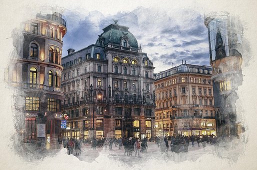 Stadt, Barock, Aquarell, Österreich