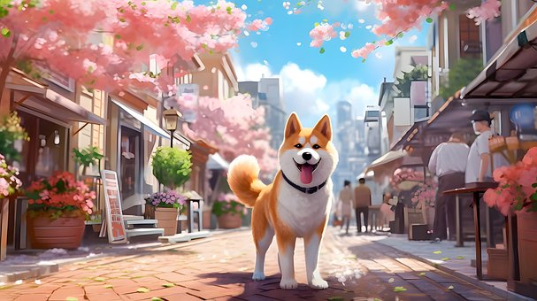 Generiert, Hund, Sakura, Blumen