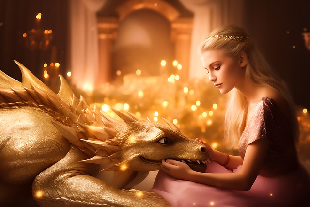 Free princess golden dragon fantasy illustration