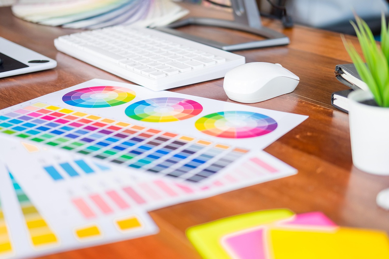 Colour swatches and design work on a desk