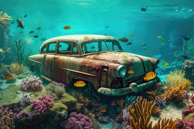 Free old rusted car underwater sunk illustration