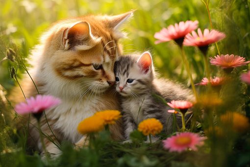 Gatinho Com A Mãe, Família De Gatos
