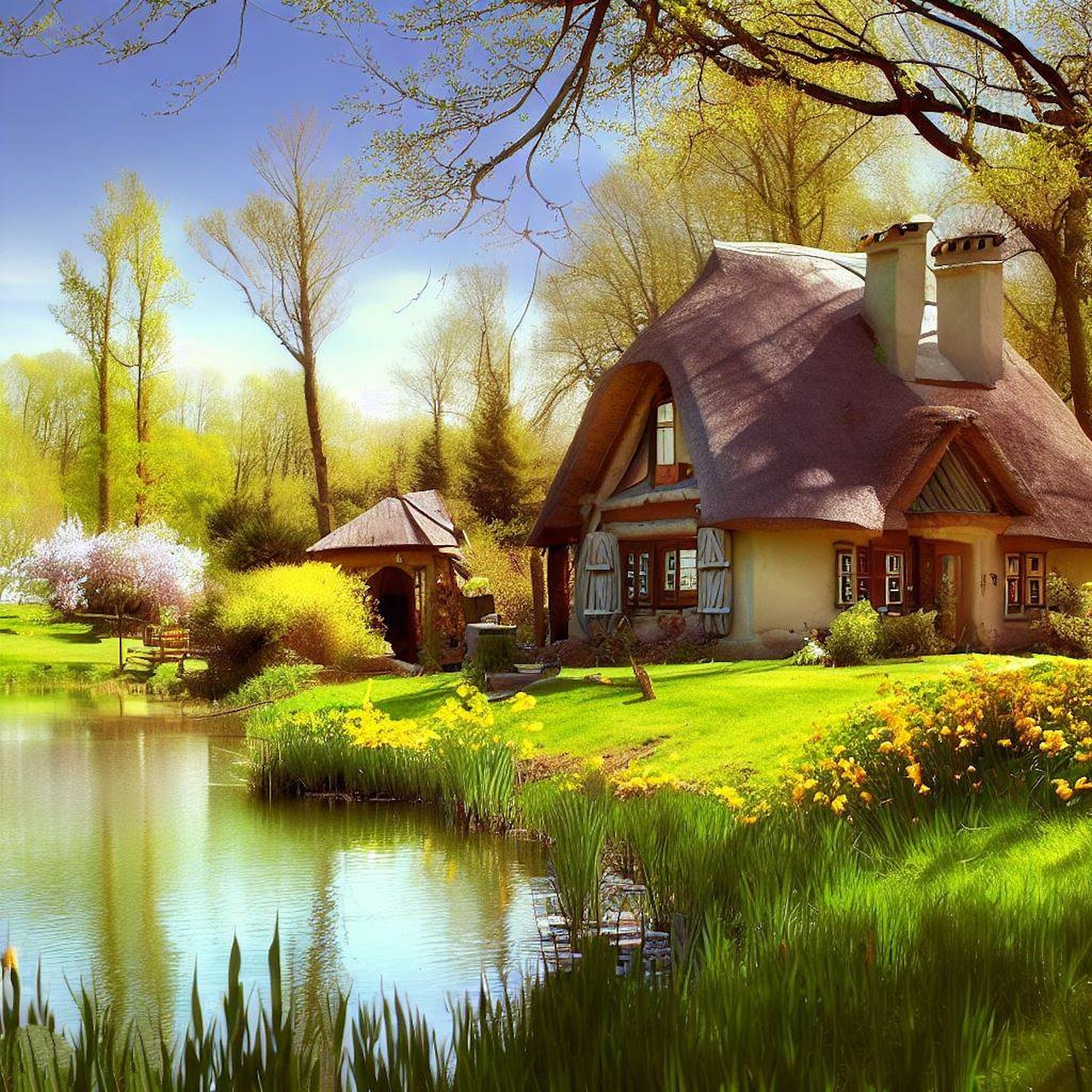 Free cottage pond tree illustration
