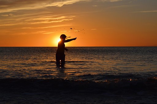 Silhueta, Mar, Ondas, Pôr Do Sol, Fundo